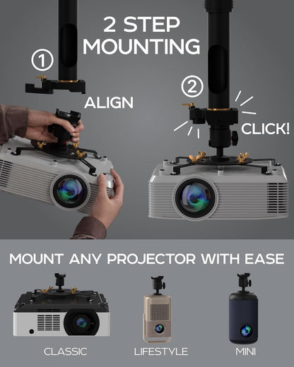 PropVue Universal Projector Mount - Adjustable Ceiling or Wall Mount for Office & Home Mini Projectors - Full Motion, Easy Installation, 360° Swivel, Extendable Length 13.8" to 21"