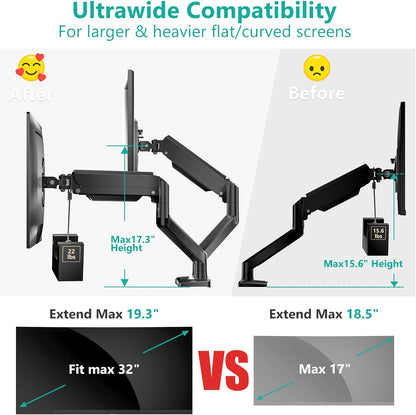 WALI Dual Monitor Stand for 17-32 inch Computer Screens, Dual Monitor Arms for 2 Monitors Holds up to 22 lbs, Height Adjustable Gas Spring Dual Monitors Mount, VESA 75x75/100x100mm (GSMP002N), Black