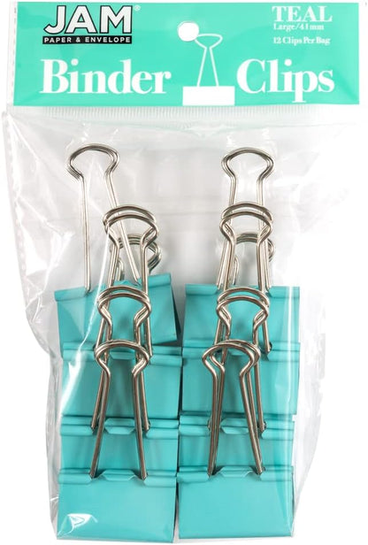 JAM PAPER Colorful Binder Clips - Large - 1 1/2 Inch (41 mm) - Teal Binderclips - 12/Pack