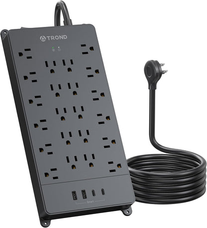 TROND Surge Protector Power Strip, 22 Widely Spaced Outlets with USB Ports, Wall Mount, 4000 Joules, ETL Listed, 15 ft Flat Plug Heavy Duty Extension Cord for Home, Office, Dorm Essential, Black