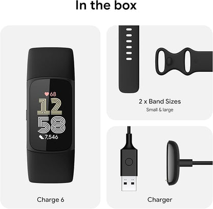 Fitbit Charge 6 Fitness Tracker with Google apps, Heart Rate on Exercise Equipment, 6-Months Premium Membership Included, GPS, Health Tools and More, Obsidian/Black, One Size (S & L Bands Included)