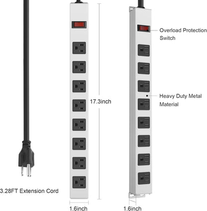 JUNNUJ Metal 8 Outlet Power Strip, Mountable Heavy Duty Power Strip, 1200J Surge Protector Wall Mount Screws Outlet with Switch, Gaming Desk Strips Wide Spaced 15A 125V 1875W, 3 FT 14AWG Power Cord