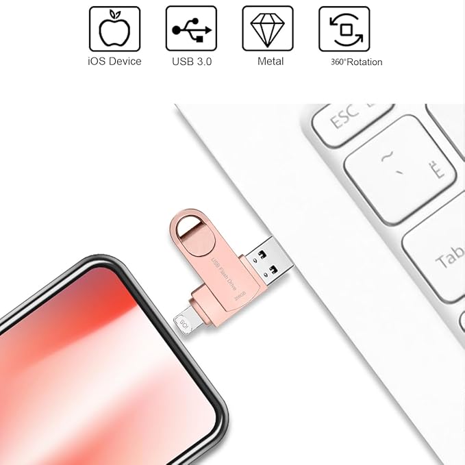 USB3.0 256GB Flash Drive Phone Photo Stick 2in1 for i Phone Android USB C and Computer MS02 Pink