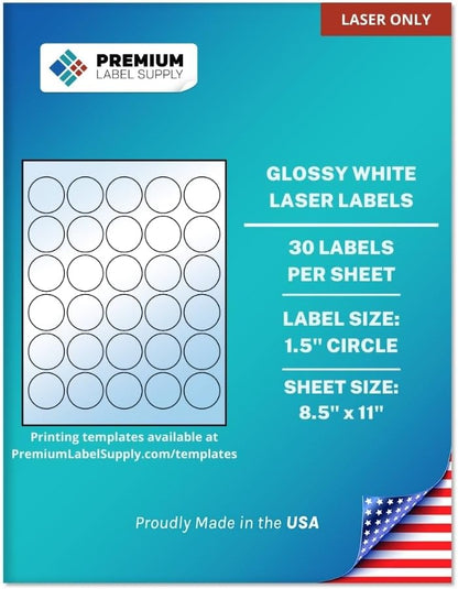 Premium Label Supply Glossy White Sticker Round Labels – 1.5" Circle – (30 per Sheet) (Glossy White for Laser Only, 15,000 Labels)