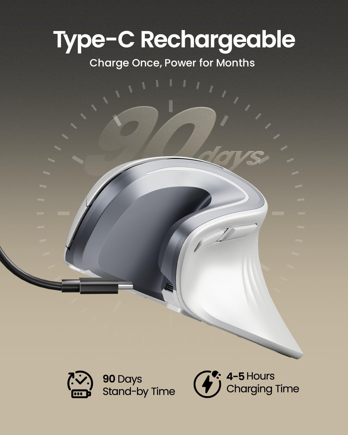 ProtoArc Ergonomic Vertical Mouse, EM11 NL Rechargeable Wireless Mouse Bluetooth, Ergo Mice with 3 Multi-Device for PC/Notebook/Laptop, 2.4GHz Optical Mice for Windows, Mac OS, White