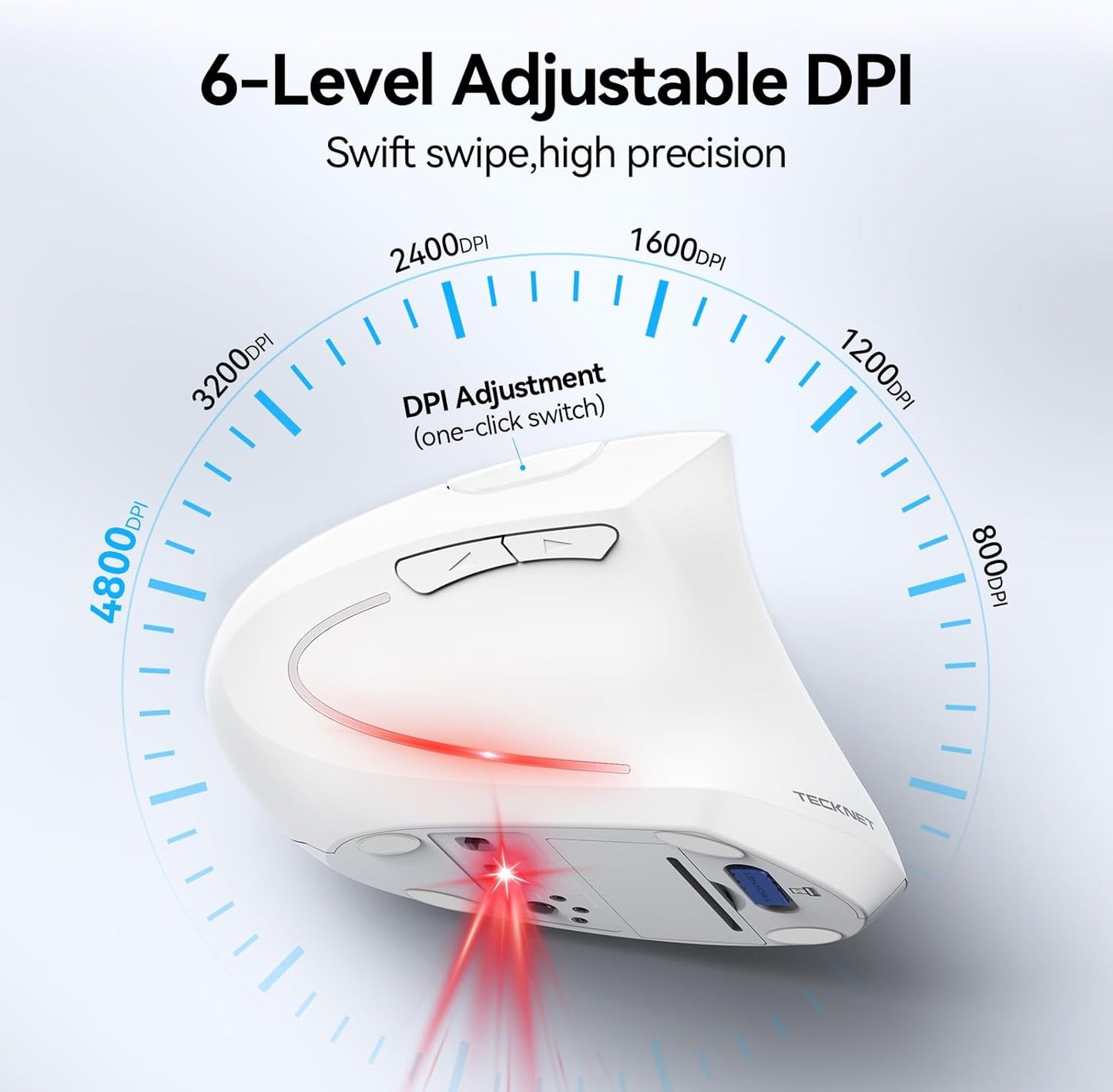 TECKNET Ergonomic Mouse, Wireless Bluetooth Vertical Mouse, 4800 DPI Optical Tracking, 6 Adjustable DPI, Quiet Clicks, 2.4GHz with USB A Receiver, 12 Months Battery, 6 Buttons, Wide Compatibility