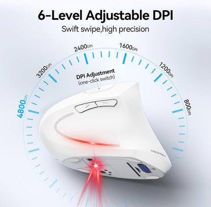 TECKNET Ergonomic Mouse, Wireless Bluetooth Vertical Mouse, 4800 DPI Optical Tracking, 6 Adjustable DPI, Quiet Clicks, 2.4GHz with USB A Receiver, 12 Months Battery, 6 Buttons, Wide Compatibility