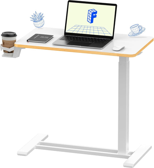 FLEXISPOT Mobile Standing Desk with Wheels Pneumatic Laptop Desk Rolling Computer Cart Movable Height Adjustable Small Sit Stand Desk Computer Workstations Home Use（27.6" W x 15.7" D,White+Maple