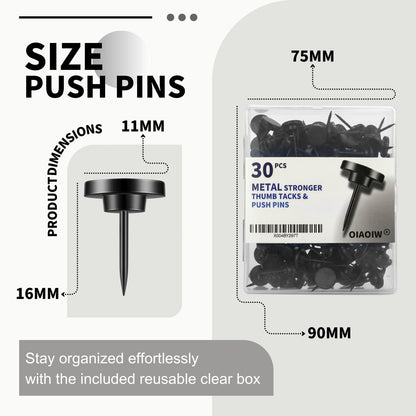 30 PCS Metal Black Push Pins for Wall Clear Thumb Tacks for Walls Flat thumbtacks Push pin for Bulletin Board Shadow Box Display Thumbtack for Cork Board
