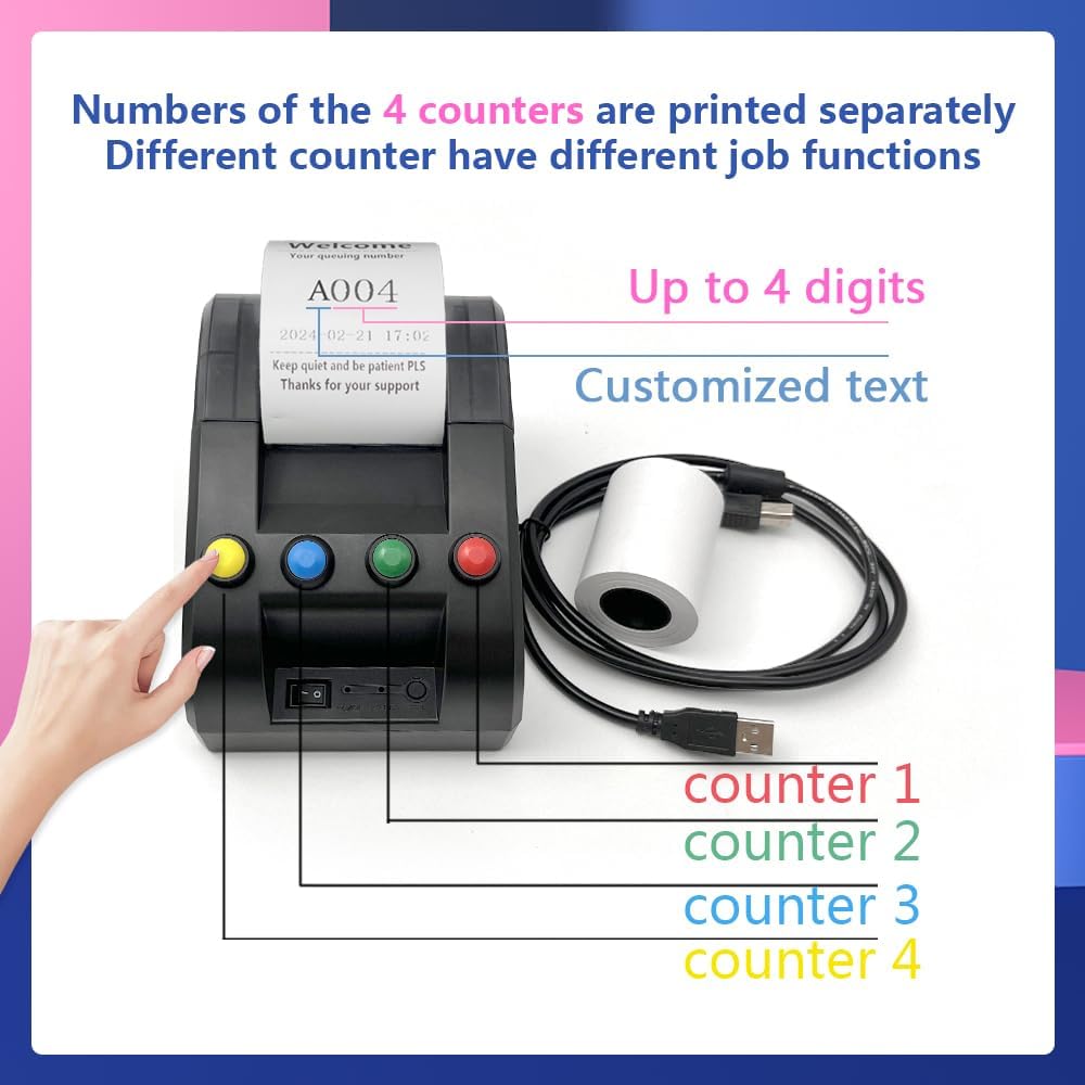 Take a Number Printer Ticket Thermal Printer Ticket Machine with 57mm Receipt Ticket Roll Show Different Department Name and Queue Number for Wireless Calling System for Haunted House(TP-4 Way)