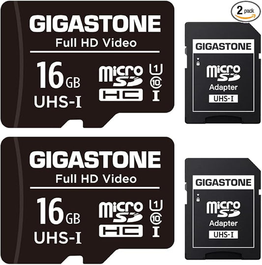 GIGASTONE 16GB Micro SD Card 2-Pack, FHD Video, Surveillance Security Cam Action Camera Drone, 85MB/s Micro SDHC UHS-I U1 Class 10