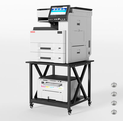 2 Tier Large Printer Stand, 23.6 x 23.6 Inches Printer Table with Storage Shelf, Rolling Printer Cart with Industrial Wheels for Home Office (Black)