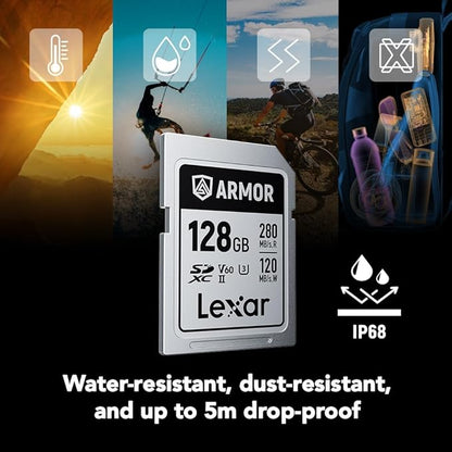 Lexar 128GB Armor Silver PRO SDXC Memory Card, UHS-II, C10, U3, V60, 6K UHD, Up to 280MB/s Read, Stainless Steel, for Professional Photographer, Videographer, Enthusiast (LSDAMSP128G-RNNNU)