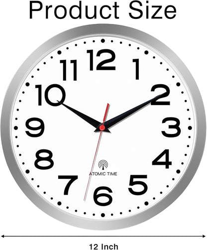 Atomic Wall Clock 12 Inch, Modern Clock Battery Operated Classic Analog Decorative for Kitchen, Living Room, Office, Bedroom, Bathroom (Silver)
