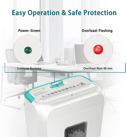 Bonsaii Secure Shredder, Home Office Shredder, high Security, 6-Sheet, Cross-Cut shredding for documents, Mail, Staples, Credit Cards, Equipped Convenient Handle, 3.4-Gallon Wastebasket, White & Blue