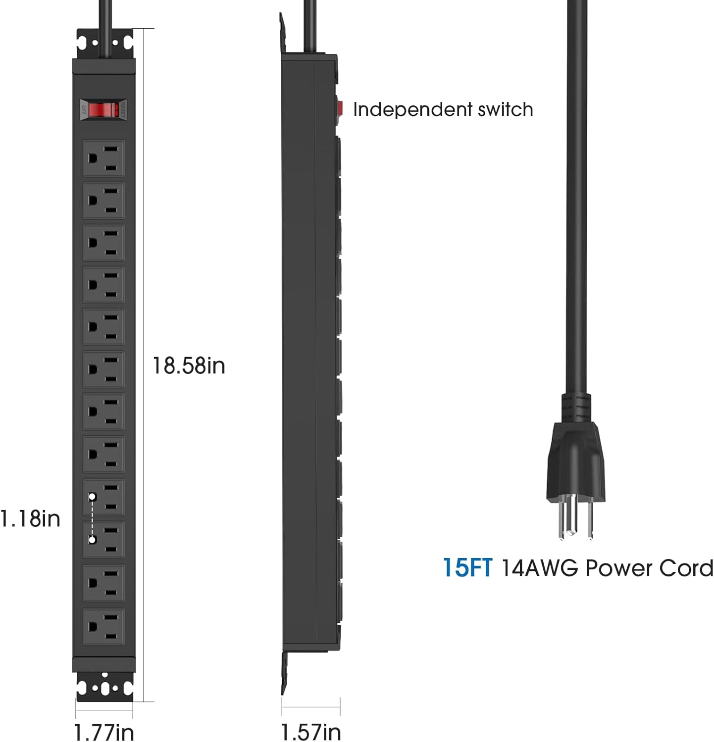 HHSOET Rotating Mountable Power Strip, 12 Outlet Wall Mount Surge Protector, Metal Heavy Duty and Versatile Outlet Strip, Stylish Appearance, Sturdy and Durable, 15ft Power Cord.(Black)