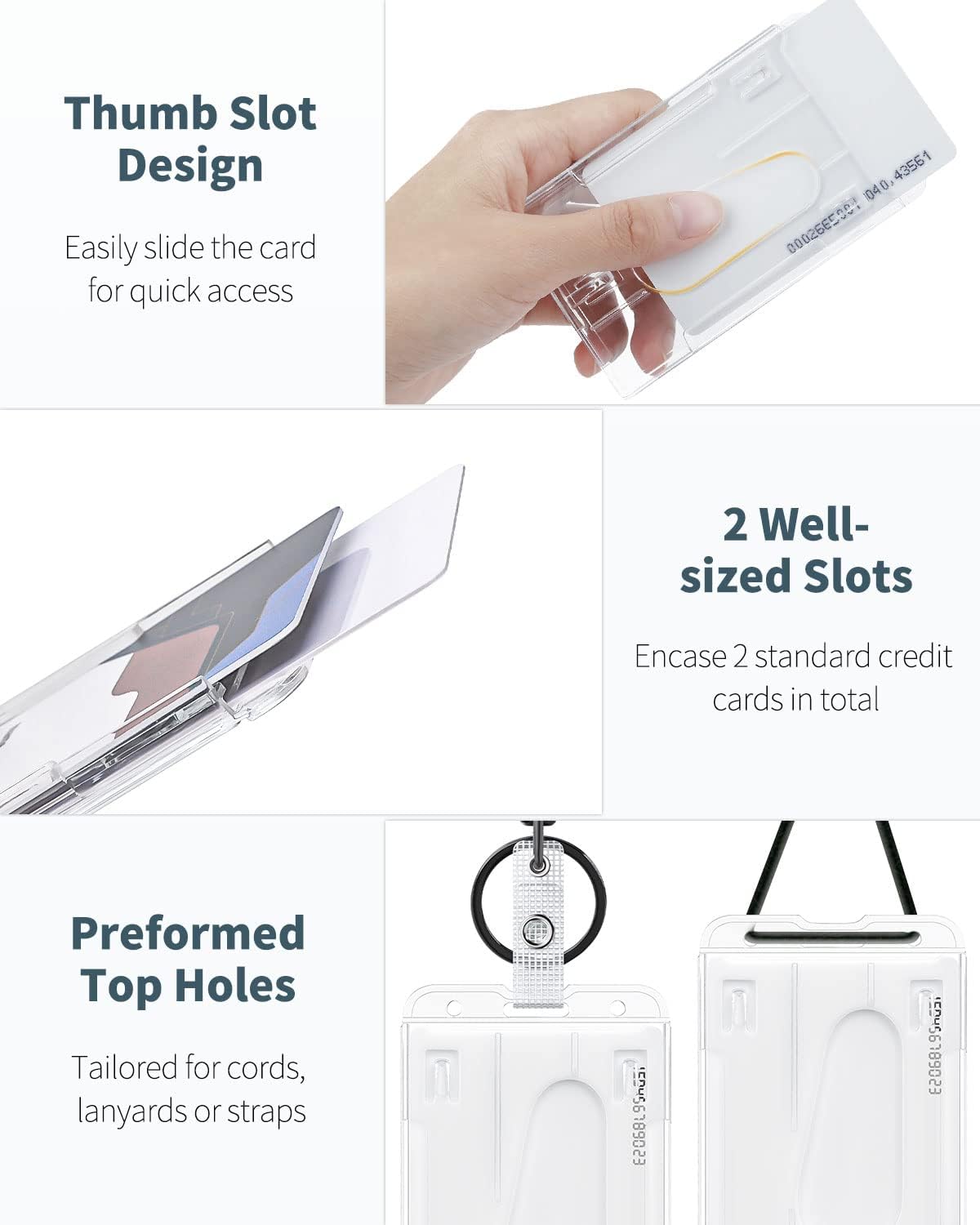 Uniclife 2 Pack 2-Card Thumb-Slot Badge Holder Vertical Clear Plastic Case with Retractable Keychain Badge Reel for up to 8 oz Hard Card Protector for IDs Credit Cards Driver’s Licenses and Passes