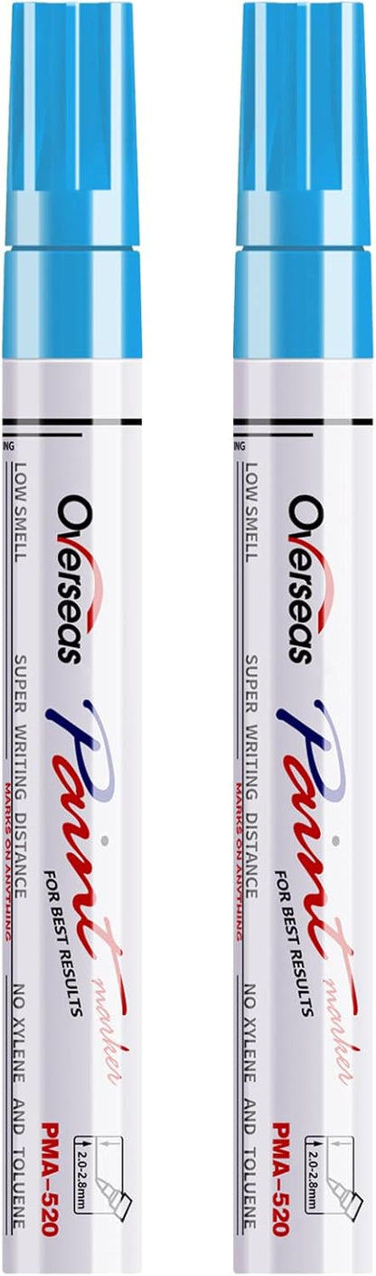 Overseas Permanent Paint Pens Light Blue Markers - 2 Pack Single color Oil Based Paint Markers, Medium Tip, Quick Drying and Waterproof Marker Pen for Metal, Rock Painting, Wood, Plastic, Canvas, Mugs