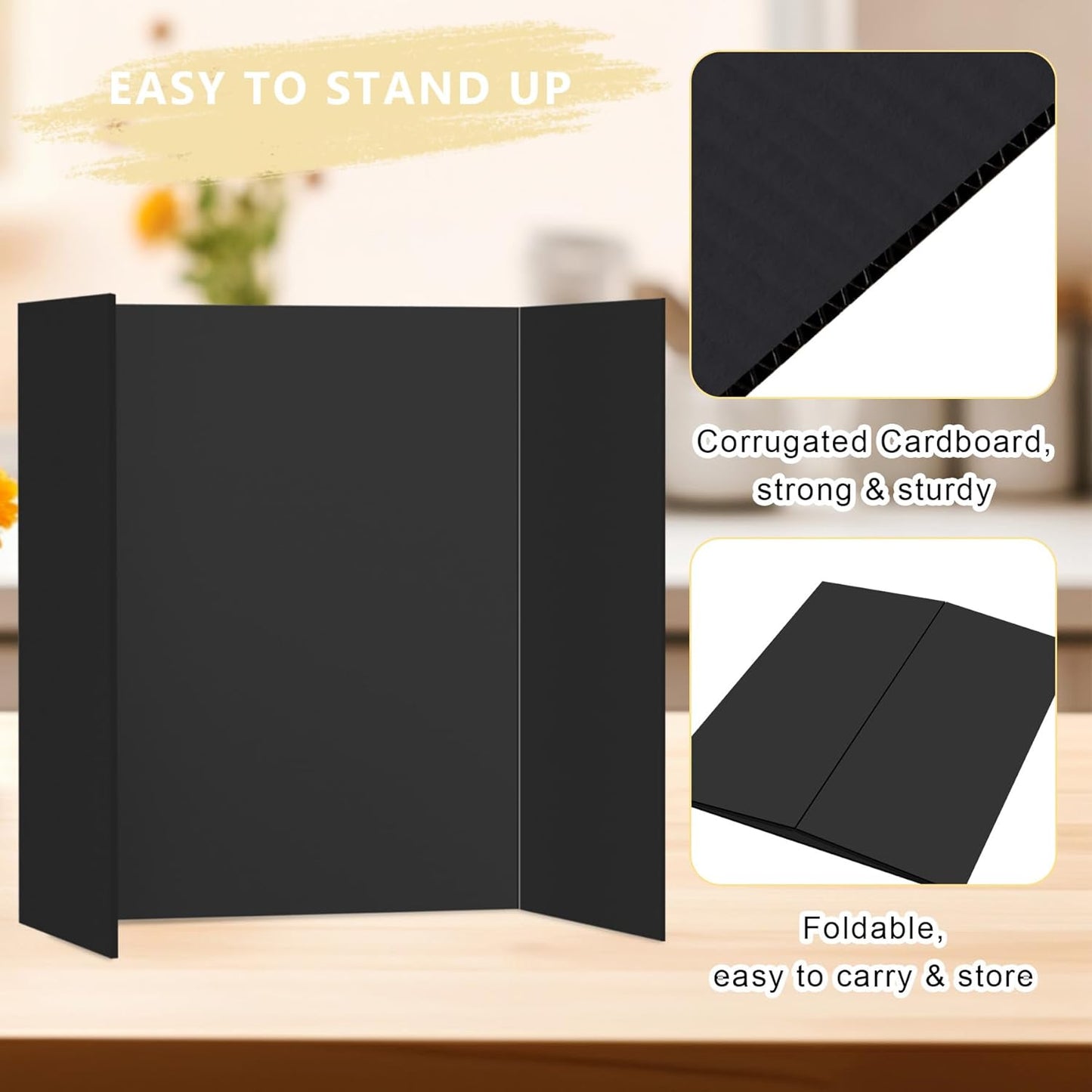 HAUTOCO 3 Pcs Small Trifold Poster Board 21 x 14 inches Tri Fold Presentation Boards Black Corrugated Project Boards for Science Fair, School Project, Event Displays, Business