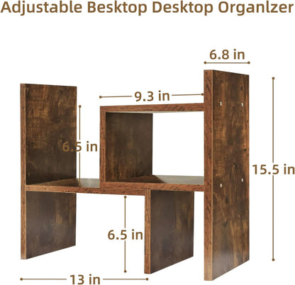 TY ARTS & CULTURE - Expandable Wood Desktop Storage Organizer Multipurpose Desk Bookshelf Display Shelf Rack Counter Top Bookcase for Office Home | Natural Brown