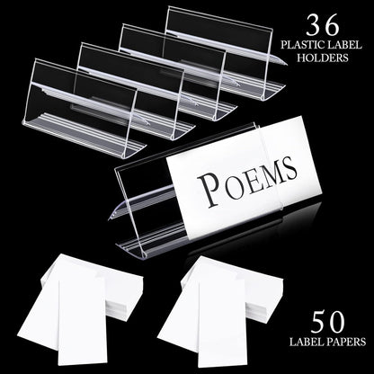 36pcs Wood Shelf Label Holder Plastic Price Tag Holder Supermarket Retail Sign PVC Clear Shelf Label Holder (Includes 50 Pieces Label Inserts) Perfect Fits 25 mm Wooden Shelving.