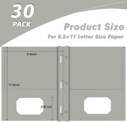 Two Pocket Folders, PANDRI 30 Pack Two Pocket Folders with Prongs, 3 Prong Folders Designed for Office and Classroom, Letter Size Grey