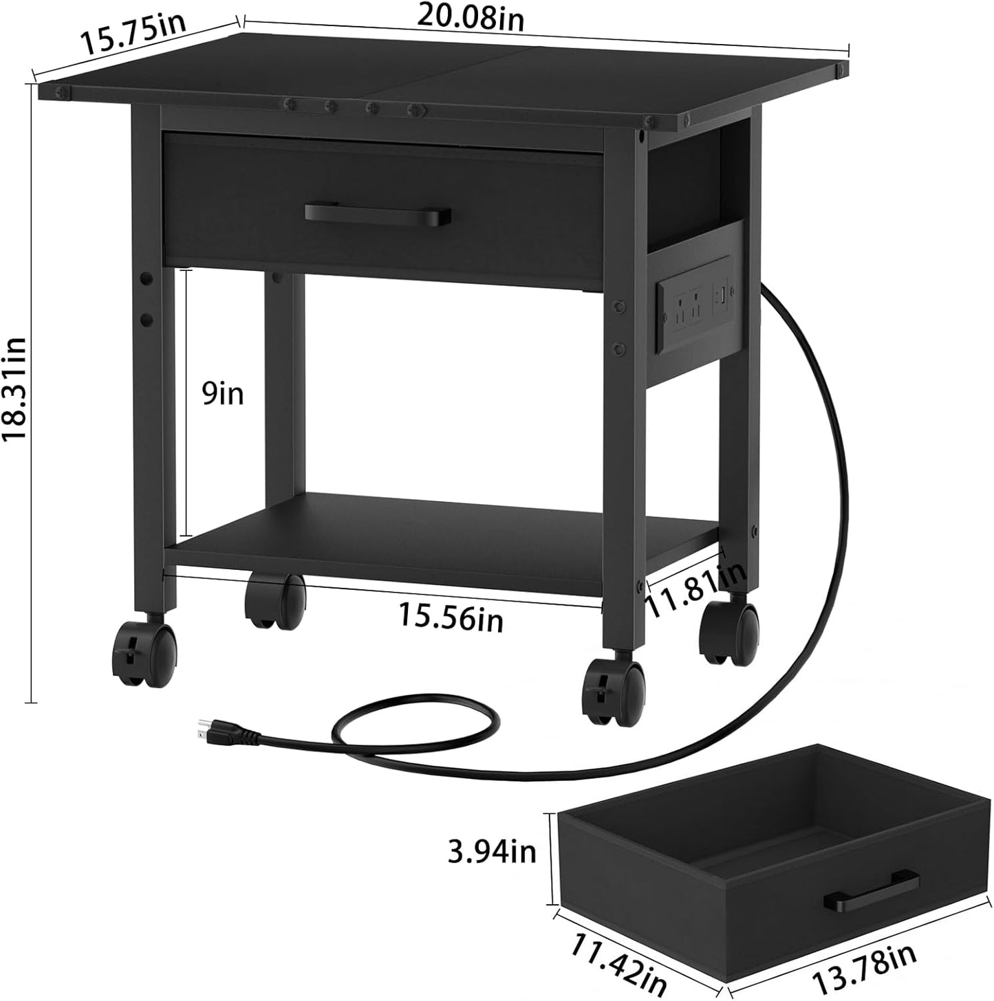 Lerliuo Under Desk Rolling Printer Stand with Charging Station and USB Ports, 2-Tier Printer Table Desk with Fabric Drawer, Printer Cart Holder with Lockable Wheels for Home, Office (Black)