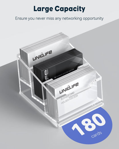 Uniclife Acrylic Business Card Holder for Desk 3 Slots Clear Business Card Display Stand for Men & Women Desktop Business Card Organizer Card Stand for Office Home Exhibition, 180 Card Capacity