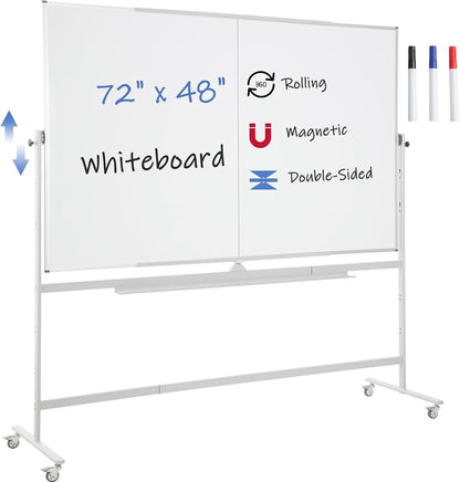FORTUNO Large Magnetic Mobile Whiteboard 72"x48", Rolling Double Sided Stand Whiteboard on Wheels, Reversible Adjustable Height/Angle Dry Erase Board 6' x 4' Easel White Board for Office Classroom