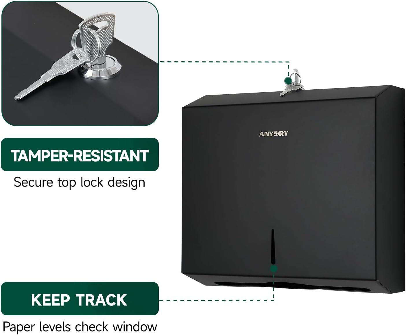 Wall Mount Paper Towel Dispenser 250-Sheet Capacity Matte Black Stainless Steel Lockable Fits Multifold/Z-Fold Towels (Folded Size ≤ 10.6" x 3.9")