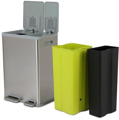 SIMPLI-MAGIC 16 Gallon (38L x 22L) Dual Compartment Step Trash Can – Kitchen Garbage Can with Waste & Recycling Bins – Slow-Close Lid, Odor Control, Hands-Free, Inner Bases, Brushed Stainless Steel