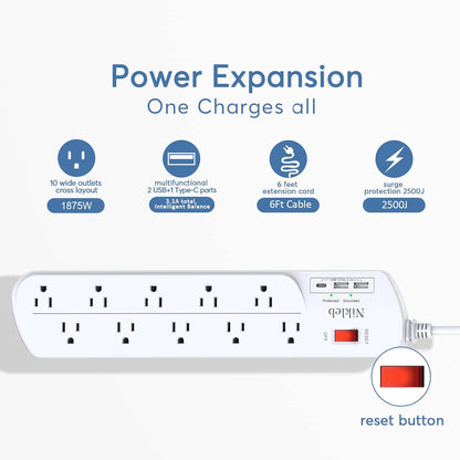 Long Power Strip, Multi Plug Outlet Extender Nikleb with 10 Outlets, Heavy Duty Extension Cord with 2 USB+1 Type C Ports, USB Plug Adapter Surge Protector for House, Garage, Patio, Basement