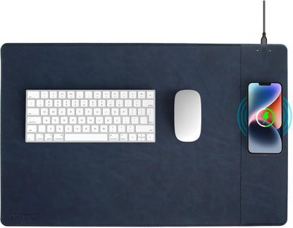 Magnetic Wireless Charging Desk Mat, 23.4"x15.6" Large Office Mouse Pad, Microfiber Leather Mouse Mat with Ultra-Smooth Surface, Waterproof Computer Keyboard Desk Mat for Office & Home, Laptop, Blue