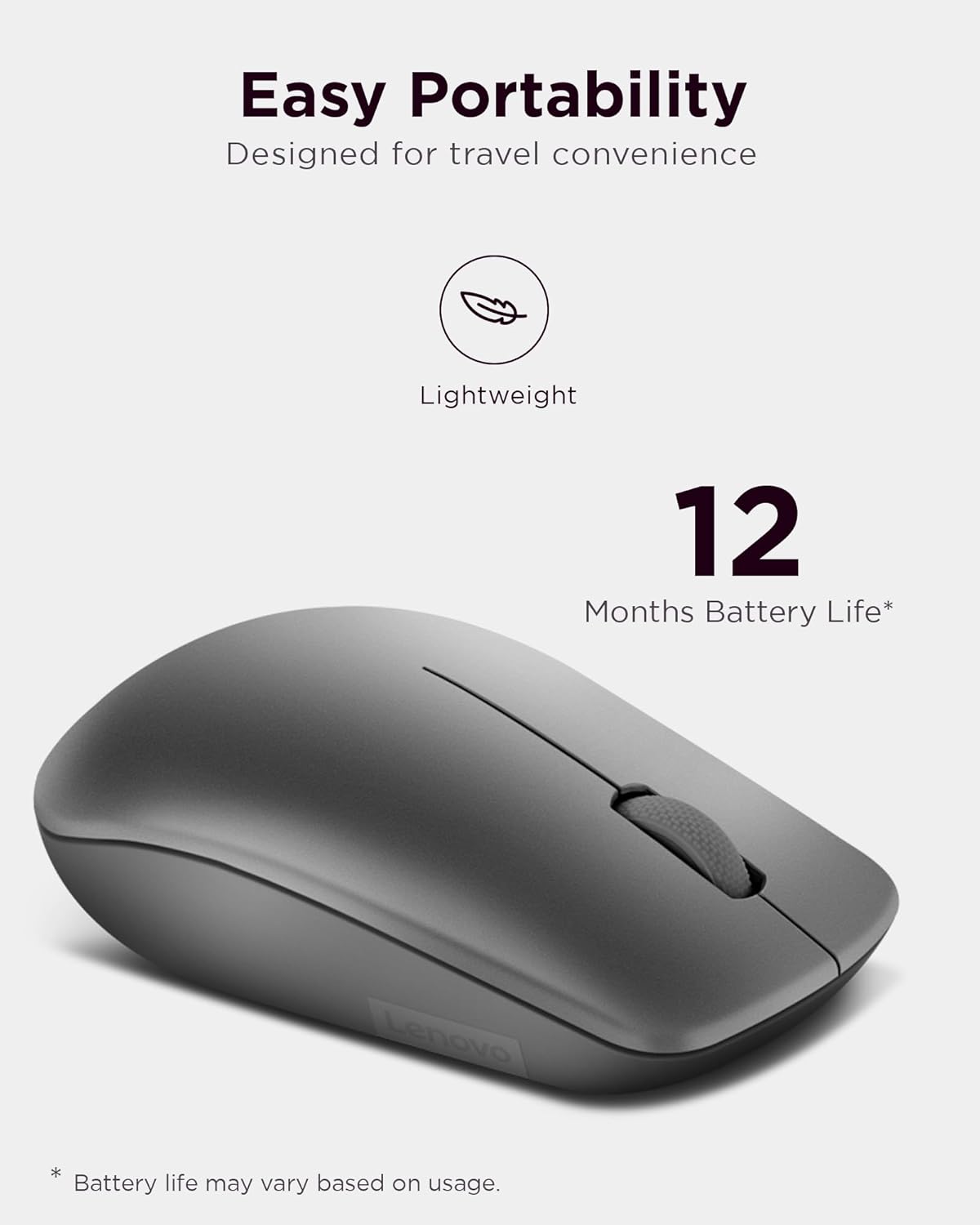 Lenovo 530 Full Size Wireless Computer Mouse for PC, Laptop, Computer with Windows - 2.4 GHz Nano USB Receiver - Ambidextrous Design - 12 Months Battery Life - Graphite Grey