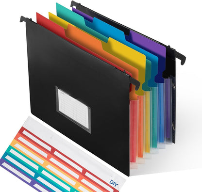 TRANBO 7-Pockets Hanging File Folder with Retractable Hooks for Filing Cabinet, Letter Size Expandable Accordion File Organizer with Elastic Band for File Frame or On-The-Go Use (1 Pack)