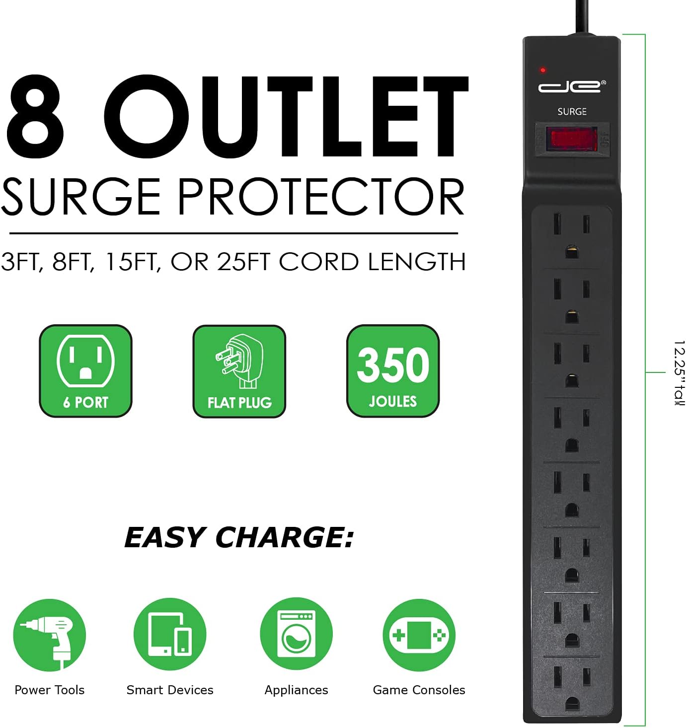 Digital Energy 25 FT 8 Outlet Surge Protector Power Strip - 15 AMP, 1875 W, 125 V, 350 J Surge Protection, ETL Listed - Flat Plug, Black