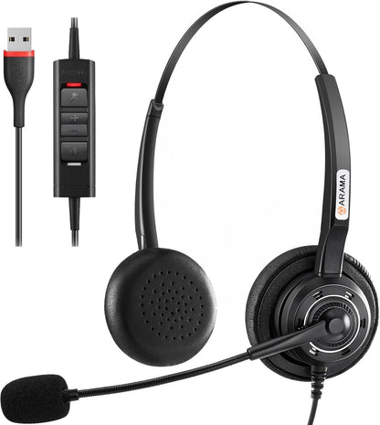Arama USB Headset with Microphone for PC Laptop, On-Ear Wired Computer Headset with Noise Cancelling Mic & in-line Control for Home Office Call Center Online Class Skype Zoom（A202USB）