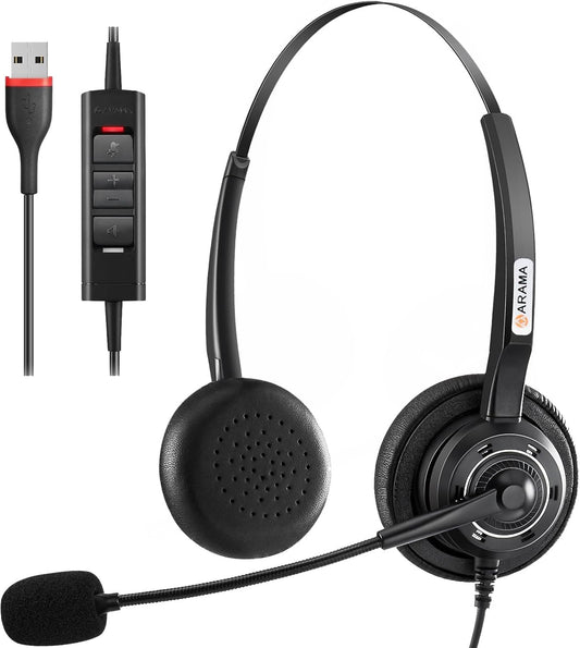 Arama USB Headset with Microphone for PC Laptop, On-Ear Wired Computer Headset with Noise Cancelling Mic & in-line Control for Home Office Call Center Online Class Skype Zoom（A202USB）