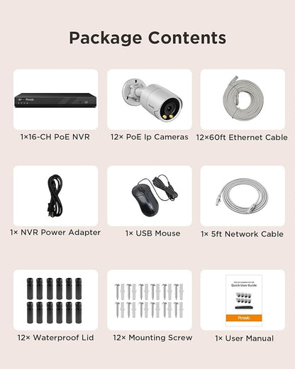 16 Channel Security Camera System PoE,4K 16CH NVR with 4TB HDD,12X 8MP Wired Outdoor Home Surveillance IP PoE Cameras,Built-in microphone,Human Vehicle Detection,Color Night Vision,PB38F1216-8M