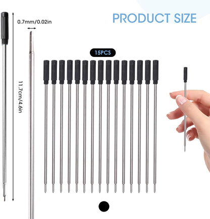 0.7 mm Ballpoint Ink Twist Pen Refills, 15 Pcs Medium Point Metal Smooth Writing Replaceable Ink Refill, Stationery Compatible for Cross Ballpoint Replacement (4.6in M) (Black, 15)