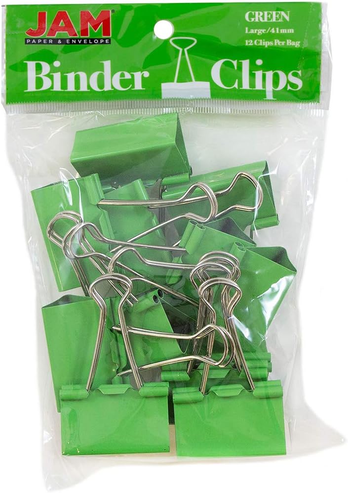 JAM PAPER Colorful Binder Clips - Large - 1 1/2 Inch (41 mm) - Green Binderclips - 12/Pack