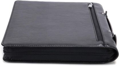 Vegan Leather Portfolio with Hidden Handle, Zippered Front Pocket, Business Padfolio for Men and Women, 8.5 x 11 Legal Pad Notebook Holder, Office Letter Notepad Folio, Black