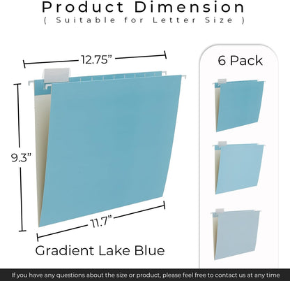 Y YOMA 6 Pack Gradient Hanging File Folders Letter Size Decorative Hanging Folder Pretty File Folder Organizer for Filing Cabinet Office Home with 1/5-Cut Adjustable Tabs, Lake Blue