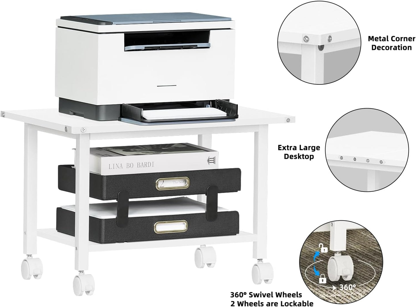 Lerliuo Under Desk Printer Stand, 2-Tier Industrial Mobile Printer Table with Storage Shelf and Steel Frame, Rolling Printer Cart Holder with Lockable Wheels for Home, Office (White)