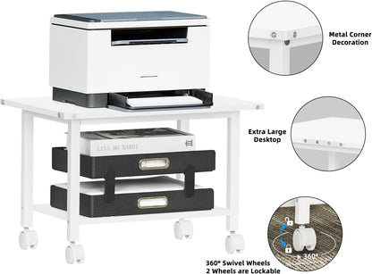 Lerliuo Under Desk Printer Stand, 2-Tier Industrial Mobile Printer Table with Storage Shelf and Steel Frame, Rolling Printer Cart Holder with Lockable Wheels for Home, Office (White)