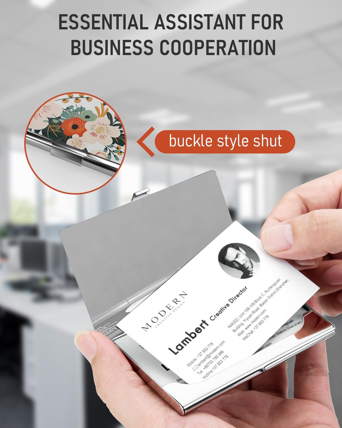 Business Card Metal Slim Organizer, Professional Stainless Steel Square Pocket Wallet for Office Workers, Compact and Portable for Pockets (Retro Flowers)