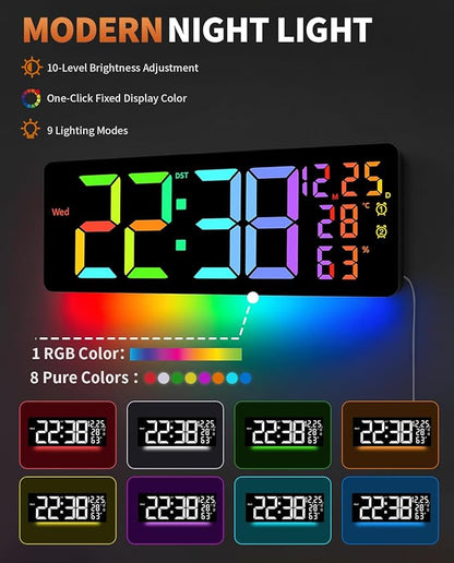 17.2" Large Digital Wall Mount Clock, Count Down Timer, Alarm, Big LED, 11 RGB Color, Temperature for Living Room Classroom Desk, Xmas, Birthday Gift for Senior Mom Dad (Rectangle)