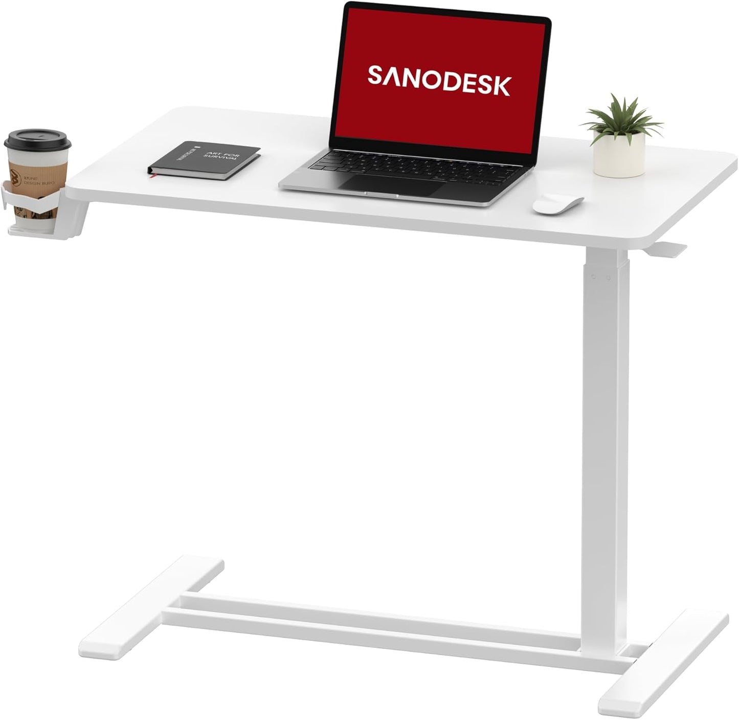 SANODESK Mobile Standing Desk with Hidden Wheels,Pneumatic Laptop Desk Rolling Computer Cart Movable Height Adjustable Small Sit Stand Desk for Home Office(31.5" W x 15.7" D,White)