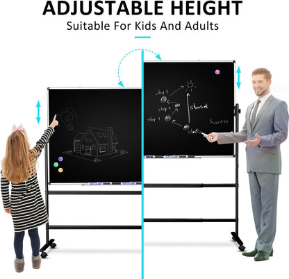 Mobile Dry Erase Blackboard 36 x 24, Magnetic Portable Black Dry Erase Board with Stand, Rolling Double Sided Chalkboard with Wheels - Easel Standing Black Board for Office, School & Home