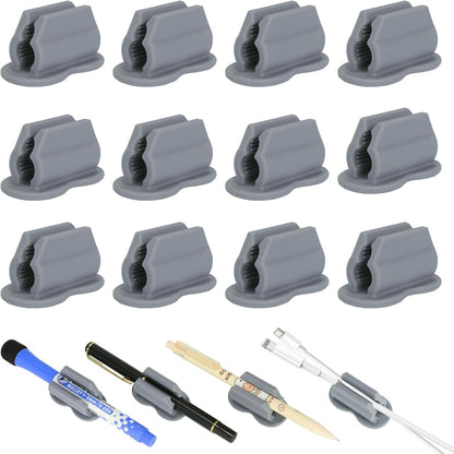 12PCS Pen Holder for Desk, Upgraded Adhesive Pen Pencil Holder for Desk Wall Clipboard Car Silicone Pens Markers Pencils Organizer Teacher Supplies Office Supplies (12PCS Gray)